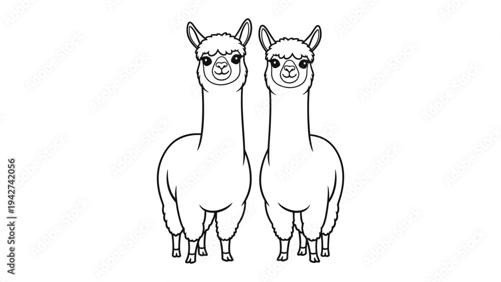 Obraz premium Elegant Alpaca Duo: A serene pair of alpacas stand facing forward, embodying simplicity and charm in this black-and-white image, focusing on their unique features and gentle nature.