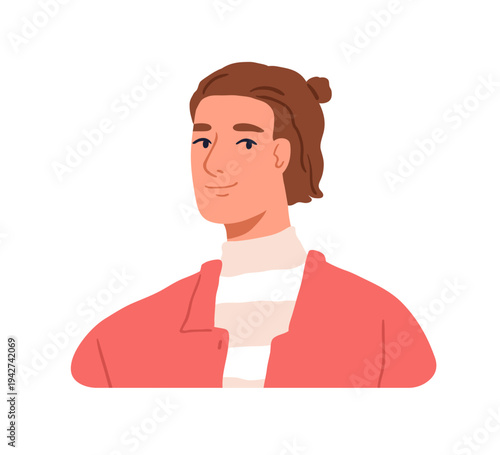 Young man looking aside. Male character, interested curious happy emotion, face expression. Person listening, modern guy in casual clothing. flat vector illustration isolated on white background