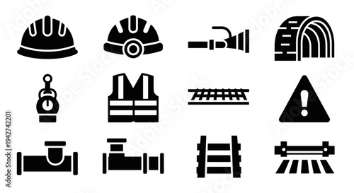 Construction and safety icons set featuring hard hats, vest, tools, and warning signs