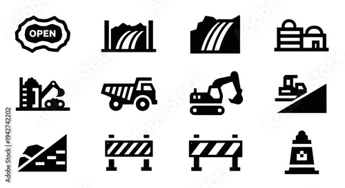 Construction icons set featuring machinery and site elements in bold silhouette style