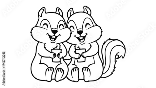 Chipmunk's Happy Friendship: Two charming chipmunks share a heartwarming moment, enjoying a comforting cup, and radiating pure joy and friendship.