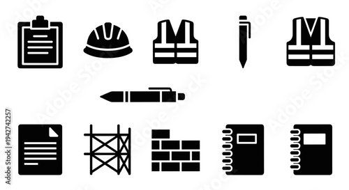 Silhouette icons: construction tools and office supplies set for industry and business