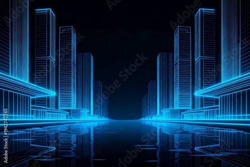 Futuristic cityscape with neon blue lines