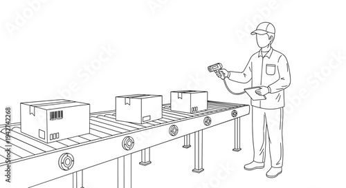 Warehouse worker scanning packages on conveyor belt in linear art