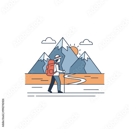 Man hiking with backpack and walking stick.