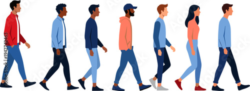 Diverse group of people walking together in profile view wearing casual clothing representing community movement and modern lifestyle flat vector illustration
