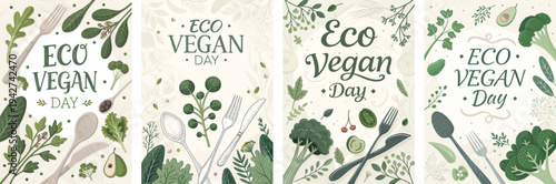 A collection of eco-friendly vegan-themed illustrations celebrating sustainability.