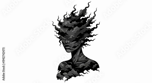 Abstract monochrome portrait of a woman formed from swirling clouds and shadows