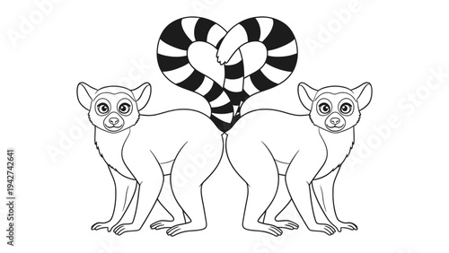 Ring-Tailed Lemurs in Love: Two ring-tailed lemurs, connected by a heart-shaped tail, symbolize affection and companionship in a whimsical black and white illustration. 