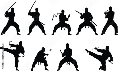 Martial Arts Warriors Silhouettes Collection Featuring Sword and Staff Combat Poses Isolated on White Background for Design