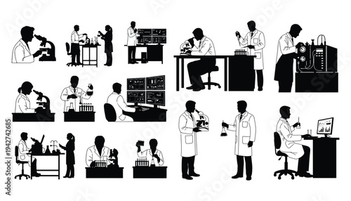 Data Scientist Silhouette Working in Lab with Microscope and Charts
