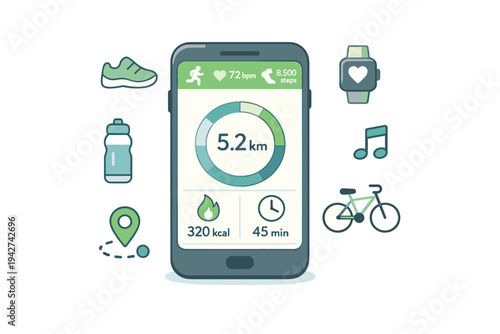 Smartphone fitness tracking dashboard showing distance, steps, heart rate, calories, and workout time with icons for running, cycling, music, and hydration