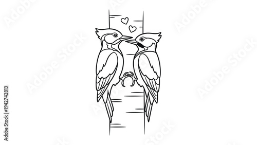 Avian Affection: A line art illustration depicts two woodpeckers sharing a tender moment of connection amidst a backdrop of hearts.