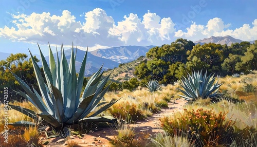 A scenic painting features a sunlit desert landscape. Agave plants dominate the foreground. A winding path leads into rolling hills beneath a bright blue sky