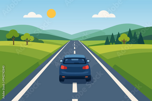 Blue car driving on open road through countryside