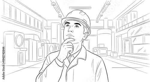 Thoughtful engineer in hard hat contemplating in modern factory setting