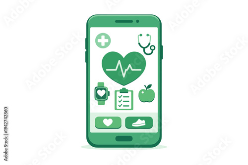 Smartphone screen displaying health app interface with heart monitor icon, stethoscope, checklist, smartwatch and wellness tracking buttons