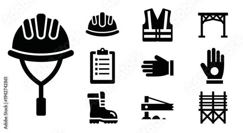 Construction safety icons set: hard hat, vest, and tools in bold silhouette design