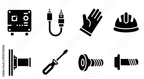 Industrial tools and equipment icons - silhouette style gear, helmet, hand, wire, and screwdriver