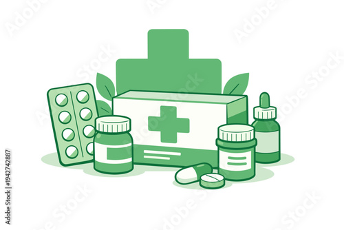 Green medical first aid kit illustration with cross symbol, pill blister pack, medicine bottles, dropper vial, and tablets on white background