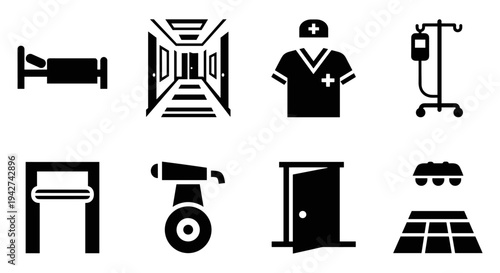 Essential hospital icons set: medical equipment and staff in minimalist silhouette style