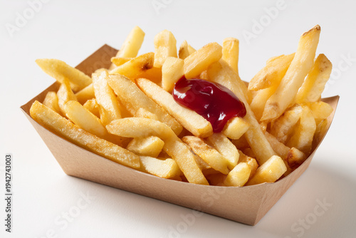Pommes frites mit Ketchup in Pappschale isoliert auf weißem Hintergrund