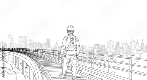 Skilled worker overlooking city from elevated railway in detailed line art style