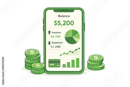Smartphone screen showing personal finance balance, income and expenses with charts and stacked coins, illustrating budgeting, savings and money management