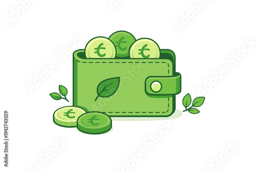 Green eco-friendly wallet filled with euro coins, symbolizing sustainable finance, savings, budgeting, and environmentally conscious spending habits