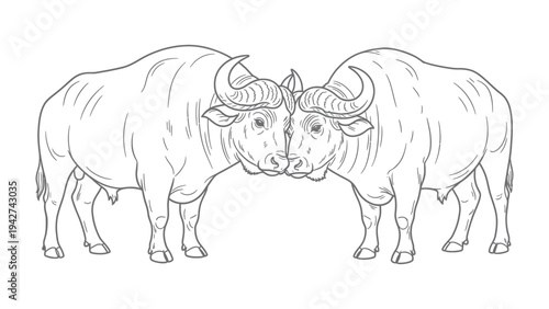 Buffalo Head to Head: Two robust buffalo stand in a head-to-head confrontation, displaying the strength and power of the savanna