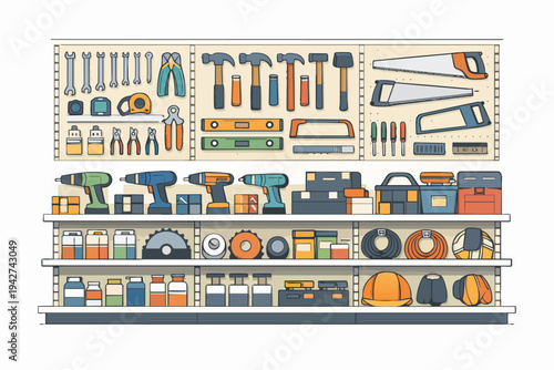Hardware store shelving displaying many DIY construction tools