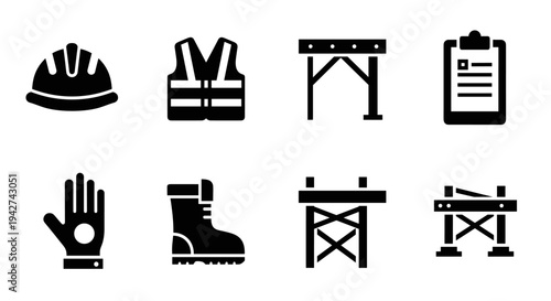 Construction safety icons set: helmet, vest, barrier, document, glove, boot