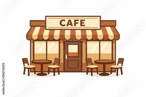 Cafe storefront building with outdoor seating tables