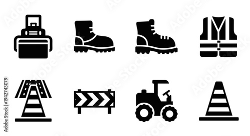 Black silhouette icons of construction equipment and safety gear