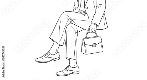 Business professional sitting with crossed legs holding a briefcase - black and white line art