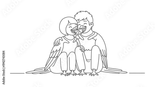 Whimsical Winged Duo in Laughter: A charming line drawing depicts two figures, adorned with wings, sharing a moment of infectious laughter, their faces radiating pure joy.