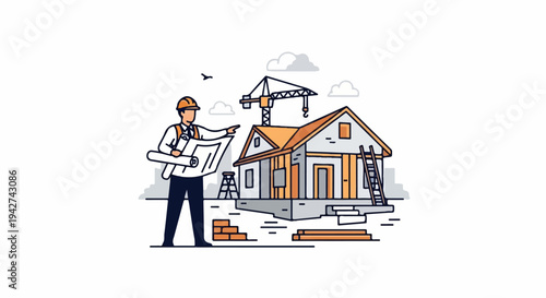 Architect reviews house plans on construction site with crane overhead