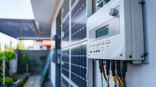 Electrical control cabinet of solar cell PV grid tile Inverter system. Installation for home user. Save electric bill with innovation technology