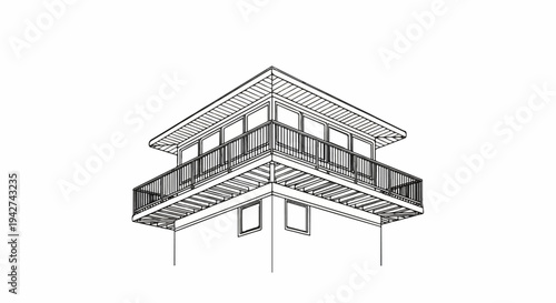 Architectural sketch of a modern structure with multiple balconies and windows