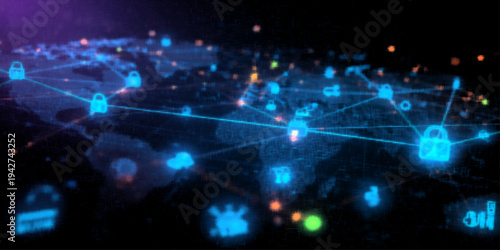 Abstract technology background with network lines, glowing nodes and lock icons, symbolizing secure data sharing, cyber defense and cloud computing technology.