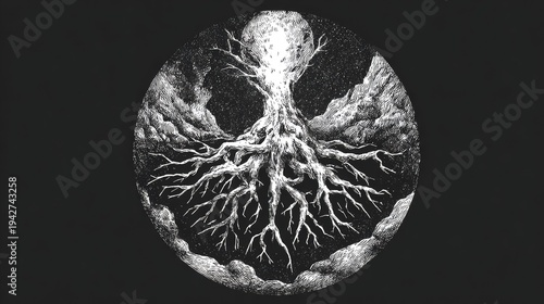 Intricate drawing depicts the illuminated crown and sprawling roots of a bare tree within a circular frame against darkness