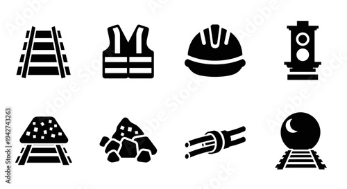 Railway icons: tracks, safety gear, infrastructure and construction tools