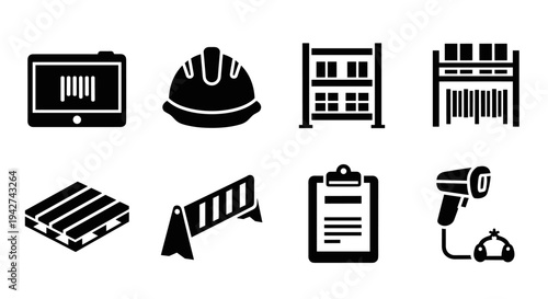 Construction and warehouse icons set: tools, safety gear, and logistics symbols