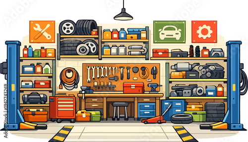Auto repair shop garage with tools and car lift