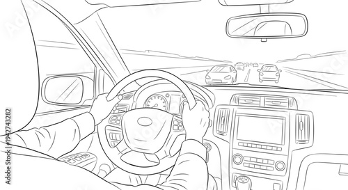 Driving on a highway: hands on the wheel linear design inside a car interior