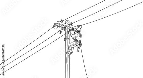 Line art of utility worker climbing power pole for maintenance
