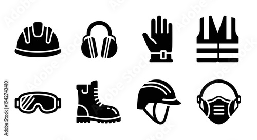 Safety equipment icons: essential gear set for construction and industrial safety