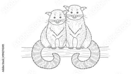 Adorable Pair of Civets: two cute civet sits side by side on branch in drawing form, capturing the essence of companionship and the natural beauty of these unique animals.