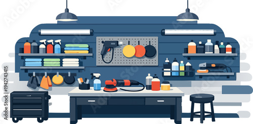 Car detailing workshop with organized tools and cleaning supplies