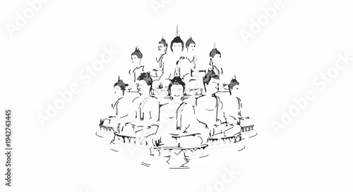 Arrangement of multiple seated figures with serene expressions and tall headdresses